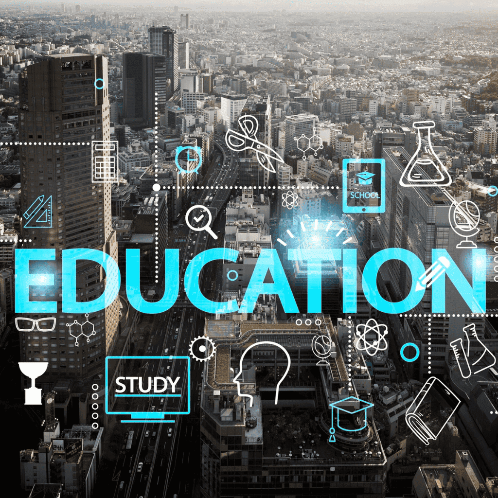 Vista aérea de una ciudad moderna con íconos digitales de educación, ciencia y aprendizaje sobre la palabra 'Education', representando cursos online de automatización de procesos para profesionales y estudiantes